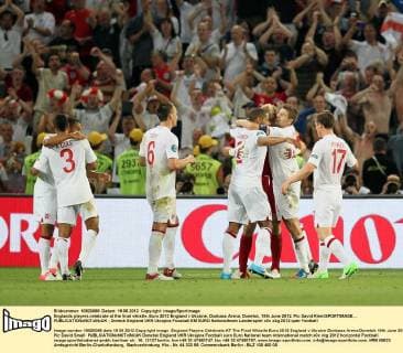 Englands players celebrate at the final whistle..Euro 2012 England v Ukraine, Donbass Arena, Donetsk, 19th June 2012. Pic David Klein SPORTIMAGE... EDITORIAL USE ONLY. No use with unauthorised audio, video, data, fixture lists, club league logos or live services. Online in-match use limited to 120 images, no video emulation. No use in betting, games or single club league player publications.