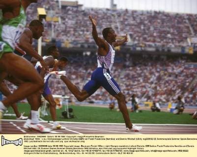 Zieleinlauf 100m - v.re.: Olympiasieger Linford Christie (GBR) vor Frank Fredericks (Namibia) und Dennis Mitchell (USA)