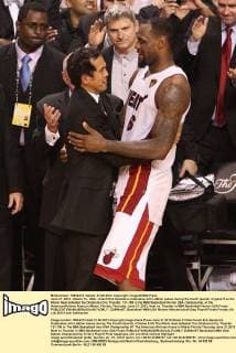 June 21, 2012 - Miami, FL, USA - Coach Erik Spoelstra celebrates with LeBron James during the fourth quarter of game 5 as the Miami Heat defeated the Oklahoma City Thunder, 121-106 in the NBA Basketball Herren USA champioship, at the AmericanAirlines Arena in Miami, Florida, Thursday, June 21, 2012. Heat vs. Thunder in NBA Basketball Herren USA Finals - ZUMAm67