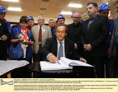 GDANSK 22.06.2012 Platini visits gdansk shipyard UEFA President Michel Platini meets Solidarity unionists  FLUMI220612pla_17