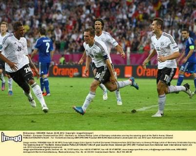 Football - European Championships 2012 - Germany vs. Greece Philipp Lahm of Germany celebrates scoring the opening goal at the Baltic Arena, Gdansk 