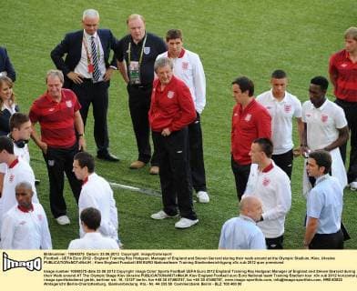 Football - UEFA Euro 2012 - England Training Roy Hodgson, Manager of England and Steven Gerrard during their walk around at the Olympic Stadium, Kiev, Ukraine 