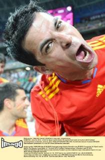 DONETSK, June 23, 2012 -- A fan for Spain reacts before the quarterfinal match at the Euro 2012 football championships in Donetsk, June 23, 2012. 