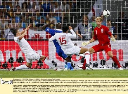Mario Balotelli of Italy misses a chance..Euro 2012 Quarter Final match, England v Italy at the Olympic Stadium, Kiev, Ukraine on the 24th June 2012. Pic Jake Badger SPORTIMAGE... EDITORIAL USE ONLY. No use with unauthorised audio, video, data, fixture lists, club league logos or live services. Online in-match use limited to 120 images, no video emulation. No use in betting, games or single club league player publications.