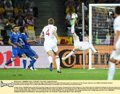 European Championships 2012 - England vs. Italy - Wayne Rooney of England attempts a late over head kick at the Olympic Stadium, Kiev 