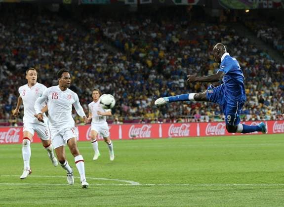 Italys Mario Balotelli in action..Euro 2012 England v Italy, Olympic Stadium, Kiev, 24th June 2012. Pic David Klein SPORTIMAGE EDITORIAL USE ONLY. No use with unauthorised audio, video, data, fixture lists, club league logos or live services. Online in-match use limited to 120 images, no video emulation. No use in betting, games or single club league player publications.