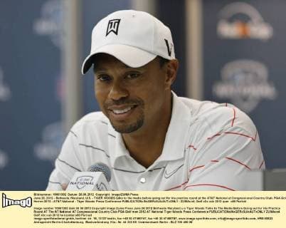 June 26, 2012 - Bethesda, Maryland, U.S. - TIGER WOODS talks to the media before going out for his practice round at the AT&T National at Congressional Country Club. PGA Golf Herren 2012 - AT&T National - Tiger Woods Press Conference - ZUMAcn4