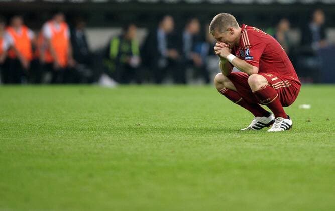 Samstag 19.05.2012, UEFA Champions League Finale, Saison 11 12 - in Muenchen, FC Bayern Muenchen - FC Chelsea 4:5 n.E., Bastian Schweinsteiger (FCB) enttäuscht DeFodi018