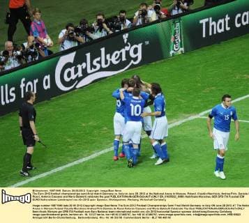 The Euro 2012 football championships semi-final match Germany vs. Italy on June 28, 2012 at the National Arena in Warsaw, Poland. Claudio Marchisio, Andrea Pirlo, Daniele De Rossi, Antonio Cassano and Mario Balotelli celebrate the goal  EN_01035922_0088