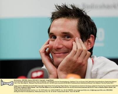 Frank SCHLECK (Radioshack Nissan Trek) verschmitzt - spitzbübisch bei der Pressekonferenz Radsport Tour de France 2012 28.06.2012 Pressekonferenz Radioshack-Nissan Trek Foto: Ben Majerus