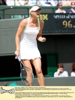 Russian Maria Sharapova reacts in her match on the fifth day of the 2012 Wimbledon championships in London, June 29, 2012.  LON2012062911