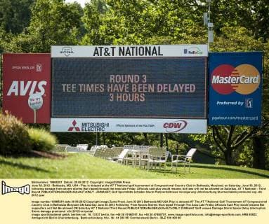 June 30, 2012 - Bethesda, MD, USA - Play is delayed at the AT T National golf tournament at Congressional Country Club in Bethesda, Maryland, on Saturday, June 30, 2012, following damage from severe storms that ripped through the area late Friday. Officials said play would resume, but fans will not be allowed on Saturday. AT T National - Third Round - ZUMAm67