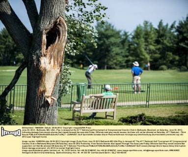 June 30, 2012 - Bethesda, MD, USA - Play is delayed at the AT T National golf tournament at Congressional Country Club in Bethesda, Maryland, on Saturday, June 30, 2012, following damage from severe storms that ripped through the area late Friday. Officials said play would resume, but fans will not be allowed on Saturday. AT T National - Third Round - ZUMAm67