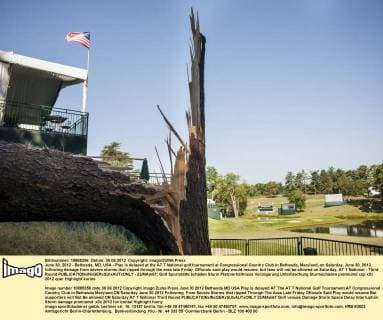 June 30, 2012 - Bethesda, MD, USA - Play is delayed at the AT T National golf tournament at Congressional Country Club in Bethesda, Maryland, on Saturday, June 30, 2012, following damage from severe storms that ripped through the area late Friday. Officials said play would resume, but fans will not be allowed on Saturday. AT T National - Third Round - ZUMAm67