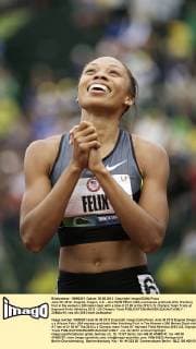 June 30, 2012 - Eugene, Oregon, U.S. - ALLYSON FELIX (USA) expresses gratitude after finishing first in the women s 200 meter dash with a time of 21.69 at the 2012 U.S. Olympic Team Trials at Hayward Field. Athletics 2012 - US Olympic Trials - ZUMAw10