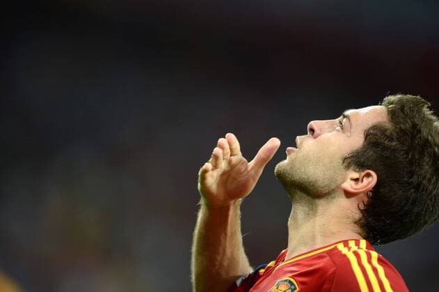 Jordi Alba of Spain celebrates after scoring during the final match between Italy and Spain at the Euro 2012 football championships in Kiev, Ukraine, July 1, 2012. (Xinhua Liu Lihang) (jyc) UKRAINE-KIEV-EURO 2012 FOOTBALL CHAMPIONSHIPS-FINAL 