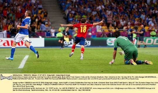 Jordi Alba of Spain celebrates scoring his side s second goal..Euro 2012 Final, Spain v Italy at the Olympic Stadium, Kiev, Ukraine on the 1st July 2012. Pic Jake Badger SPORTIMAGE... EDITORIAL USE ONLY. No use with unauthorised audio, video, data, fixture lists, club league logos or live services. Online in-match use limited to 120 images, no video emulation. No use in betting, games or single club league player publications.