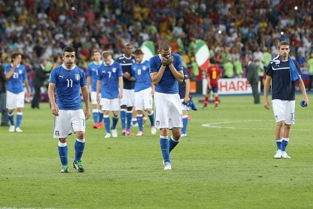 Football - European Championships 2012 Final - Spain vs. Italy A distraught Italy side following defeat at the Olympic Stadium, Kiev 