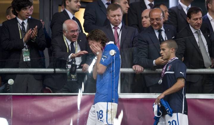 Riccardo MONTOLIVO (ITA) und Sebastian GIOVINCO (ITA) enttaeuscht. UEFA Fussball Europameisterschaft 2012, Finale: Spanien - Italien in Kiew, Ukraine am 01.07.2012,