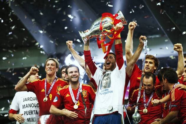 L-R: Fernando Torres, Juan Mata, Sergio Ramos, Fernando Llorente, Andres Iniesta (ESP), JULY 1, 2012 - Football Soccer : UEFA EURO 2012 final soccer match between Spain 4-0 Italy at the Olympic Stadium in Kiev, Ukraine.  ( 20177373)