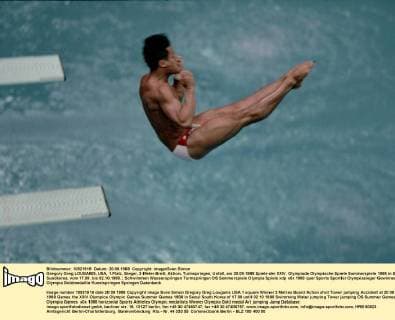 Gregory Greg LOUGANIS, USA, 1.Platz, Sieger, 3-Meter-Brett, Aktion, Turmspringen, Unfall, am 20.09.1988 Spiele der XXIV. Olympiade Olympische Spiele Sommerspiele 1988 in Seoul Suedkorea, vom 17.09. bis 02.10.1988.