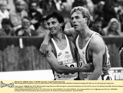 400m Europameister Sebastian Coe (li.) mit dem Zweiten Tom McKean (beide GBR)