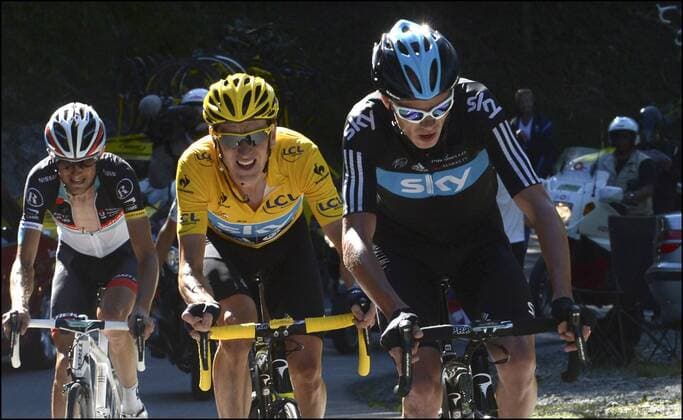 Frank Schleck - Christopher Froome - Bradley Wiggins from Sky team CYCLISME : Tour de France 2012 - Etape 11 - Albertville to La Toussuire Les Sybelles - 12 07 2012 PHOTONEWS PANORAMIC 