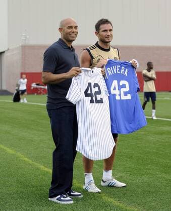 July 21 2012: New York Yankees pitcher Mariano Rivera stands with Chelsea FC s Frank Lampard 8 during media interviews at the Chelsea FC training session at the Timex Performance Center in East Rutherford, New Jersey. Soccer 2012: Chelsea FC Training Session JUL 21 - ZUMAcw2