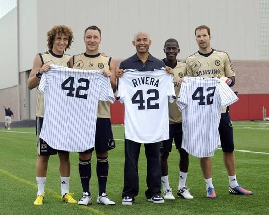 July 21 2012: New York Yankees pitcher Mariano Rivera stands with Chelsea FC s Petr Cech 1, Ramires 7, John Terry 26 and David Luiz 4 during media interviews at the Chelsea FC training session at the Timex Performance Center in East Rutherford, New Jersey. Soccer 2012: Chelsea FC Training Session JUL 21 - ZUMAcw2