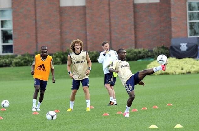 July 21 2012: Chelsea FC players Ramires 7 and David Luiz 4 which Gael Kakuta 31 control a kick during practice session at the Timex Performance Center in East Rutherford, New Jersey. Chelsea FC will face Paris Saint-Germain in the first-ever soccer match played at yankee Stadium Sunday July 22. Soccer 2012: Chelsea FC Training Session JUL 21 - ZUMAcw2