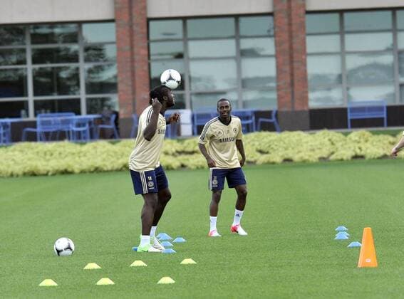 July 21 2012: Chelsea FC players Gael Kakuta 31 and Romelu Lukaku 18 during practice session at the Timex Performance Center in East Rutherford, New Jersey. Chelsea FC will face Paris Saint-Germain in the first-ever soccer match played at yankee Stadium Sunday July 22. Soccer 2012: Chelsea FC Training Session JUL 21 - ZUMAcw2