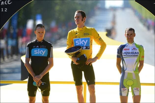 L-R: Christopher Froome (GBr) of Sky Procycling Team - Tour Gesamtsieger Bradley Wiggins (GBr) of Sky Procycling Team - Vincenzo Nibali (Ita) of Liquigas Cannondale Team CYCLISME : Tour de France 2012 - Rambouillet Paris - Etape 20 - 22 07 2012 PHOTONEWS Panoramic 