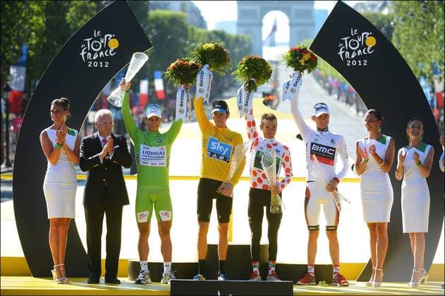 L-R: Sieger der Sprintwertung Peter Sagan (Svk) of Liquigas Cannondale Team - Tour Gesamtsieger Bradley Wiggins (GBr) of Sky Procycling Team - Sieger der Bergwertung Thomas Voeckler (Fra) of Team Europcar - Sieger der Nachwuchswertung Tejay Van Garderen (USA) of BMC Racing Team CYCLISME : Tour de France 2012 - Rambouillet Paris - Etape 20 - 22 07 2012 PHOTONEWS Panoramic 