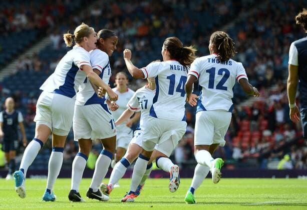 Louisa NECIB (fra) - Marie Laure DELIE (fra) - Corine FRANCO (fra) FOOTBALL FEMIN : France vs Etats Unis - JO2012 - 25 07 2012 AnthonyBibard FEP Panoramic 