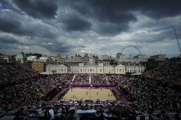 Olympics - London 2012 - Beach Volleyball - BRA v MRI A general view of the women s beach volleyball preliminary round between Brazil and Mauritius at Horse Guards Parade, London 