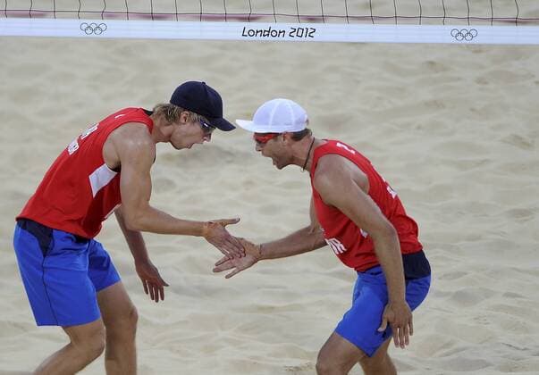 Beachvolleyball, London, Olympia 2012, Brasil - Norway: Martin Spinnangr (L) og Tarjei Viken Skarlund (R) , selv om de hadde flere gode 