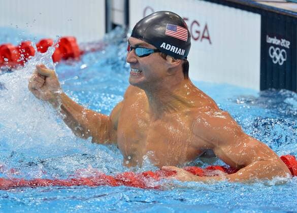 (120801) -- LONDON, Aug. 1, 2012 (Xinhua) -- Nathan Adrian of USA reacts after men¡¯s 100m freestyle final of swimming at London 2012 Olympic Games in London, Britain, on August 1, 2012. Nathan Adrian of USA won gold medal. (Xinhua Liu Dawei) (zgp) (OLY2012)BRITAIN-LONDON-SWIMMING-MEN¡¯S 100M FREESTYLE-GOLD 