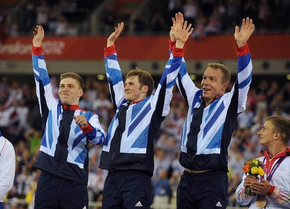Olympics - London 2012 - Track Cycling Philip Hindes, Jeson Kenny and Sir Chris Hoy (GBR) celebrate winning gold in the Men s Team Sprint (Teamsprint) at the Olympic Velodrome, London 