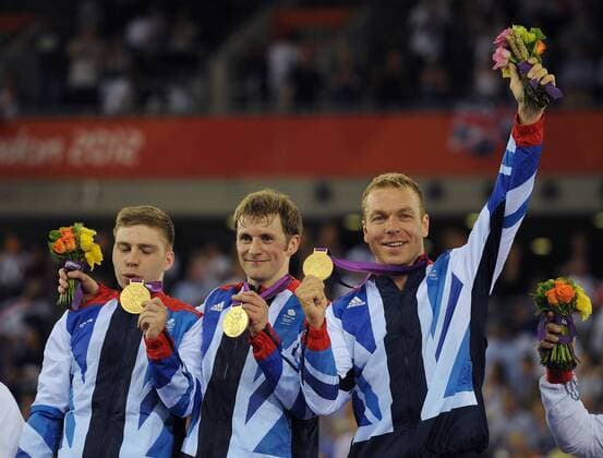 Olympics - London 2012 - Track Cycling Philip Hindes, Jeson Kenny and Sir Chris Hoy (GBR) celebrate winning gold in the Men s Team Sprint (Teamsprint) at the Olympic Velodrome, London 