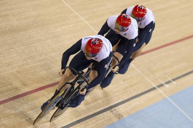 02.08.2012 Stratford, England. Philip Hindes (GBR) Chris Hoy (GBR) and Jason Kenny (GBR) competes in the Mens Team Sprint Qualifying during the track cycling Competition on day 6 of the London 2012 Olympic Games at the Velodrome in the Olympic Park. xRoganxThomsonx  ActionPlus11310813