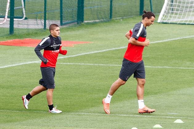 Marco Verratti Zlatan Ibrahimovic FOOTBALL : Entrainement Paris Saint Germain - 03 08 2012 GwendolineLeGoff Panoramic 