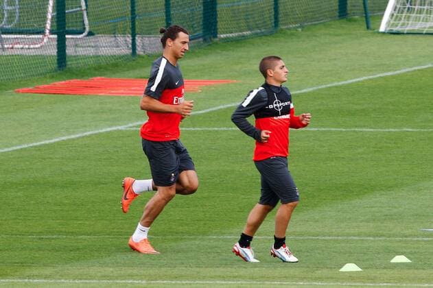 Zlatan Ibrahimovic Marco Verratti FOOTBALL : Entrainement Paris Saint Germain - 03 08 2012 GwendolineLeGoff Panoramic 
