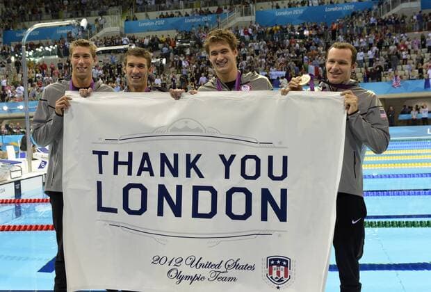 Matthew Grevers (L-R), Michael Phelps, Nathan Adrian and Brendan Hansen of the USA pose for photographers after their Gold Medal in the Men s 4x100m Medley Relay Final at the London 2012 Summer Olympics on August 4, 2012 in Stratford, London. The United States won the Gold with a time of 2:29.35 in the final.  OLY20120804466