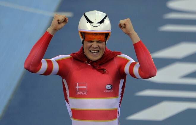 LONDON, Aug. 5, 2012 - Lasse Norman Hansen of Denmark celebrates after winning the men s omnium match of Cycling Track at London 2012 Olympic Games, London, Britain, Aug. 5, 2012. Lasse Norman Hansen won the gold of the event. 