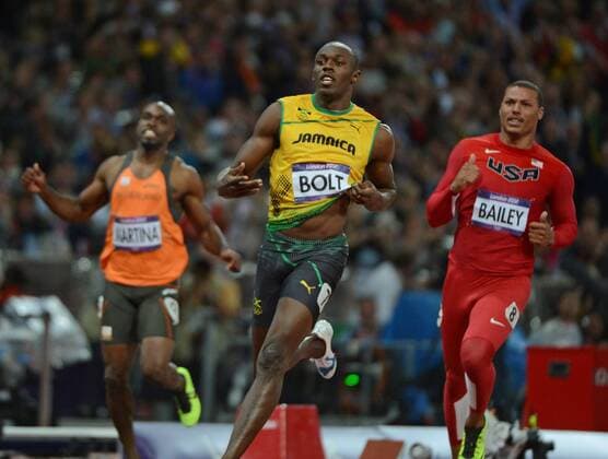 Usain Bolt of Jamaica wins the Men s 100M in track and field.at the London 2012 Summer Olympics on August 5, 2012 in London.  OLY20120805201