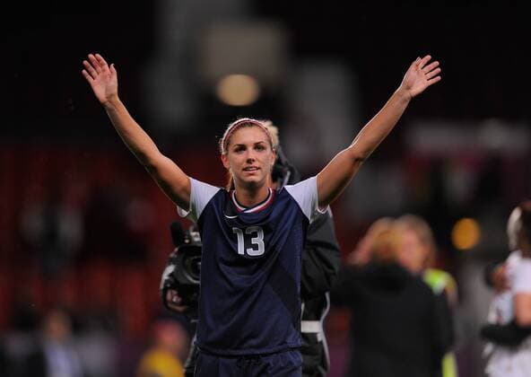 United States, (USA) Alex Morgan celebrates scoring the winning goal in extra time.Canada v USA Olympic 2012 semi-final women s match at Old Trafford, Manchester United Kingdom on the 6th August 2012..Pic Simon Bellis SPORTIMAGE. EDITORIAL USE ONLY. No use with unauthorised audio, video, data, fixture lists, club league logos or live services. Online in-match use limited to 120 images, no video emulation. No use in betting, games or single club league player publications.