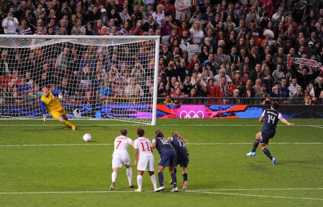 United States, (USA) Abby Wambach scores from the penalty spot.Canada v USA Olympic 2012 semi-final women s match at Old Trafford, Manchester United Kingdom on the 6th August 2012..Pic Simon Bellis SPORTIMAGE. EDITORIAL USE ONLY. No use with unauthorised audio, video, data, fixture lists, club league logos or live services. Online in-match use limited to 120 images, no video emulation. No use in betting, games or single club league player publications.