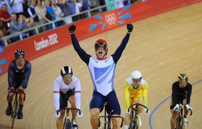 Olympics - London 2012 - Track Cycling Sir Chris Hoy (GBR) celebrates having taken his 6th Olympic Gold, in the Men s Keirin at the Olympic Stadium, London 
