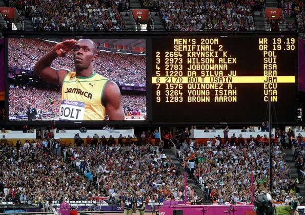 OLYMPIA - Olympische Spiele 2012 LONDON,ENGLAND,08.AUG.12 - DIVERS, OLYMPIA, LEICHTATHLETIK, LAUFSPORT - Olympische Sommerspiele in London 2012, 200m, Herren. Bild zeigt Usain Bolt (JAM) auf der Anzeigetafel. 