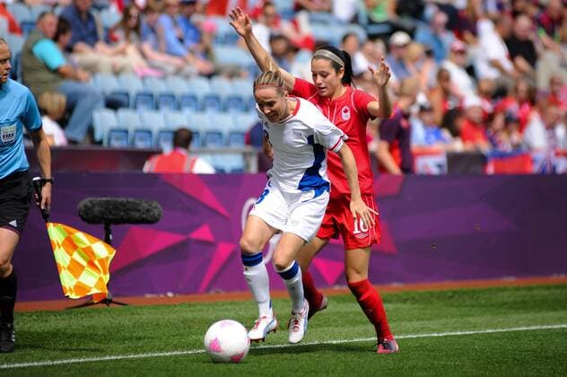 09.08.2012 Coventry, England. Sonia BOMPASTOR (France) and Jonelle FILIGNO (Canada) in action during the Olympic Football Women s Bronze match play-off game between France and Canada from the City of Coventry Stadium xAnthonyxStanleyx  ActionPlus11314503